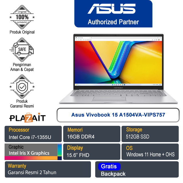 Asus Vivobook 15 A1504VA-VIPS757 /Intel Core i7-1355U/16GB/512GB SSD/Intel Iris Xᵉ Graphics/15.6" FHD/Win 11 Home+OHS/Cool Silver/2Y
