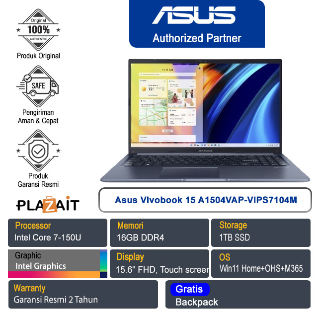 Asus Vivobook 15 A1504VAP-VIPS7104M /Intel Core 7-150U/16GB/1TB SSD/Intel Graphics/15.6" FHD Touch/Win 11 Home+OHS+M365/Quiet Blue/2Y