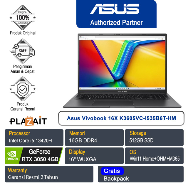Asus Vivobook 16X K3605VC-I535B6T-HM /Intel Core i5-13420H/16GB/512GB SSD/NVIDIA Geforce RTX 3050 4GB/16" WUXGA/Win 11 Home+OHM+M365/Indie Black/2Y