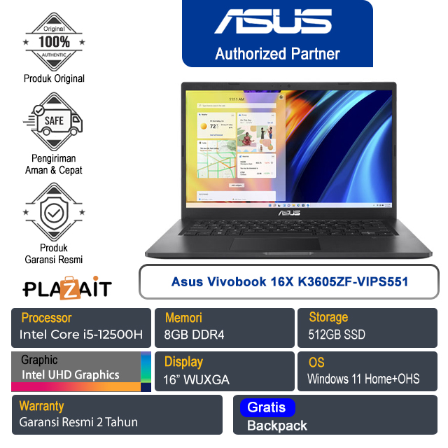 Asus Vivobook 16X K3605ZF-VIPS551 /Intel Core i5-12500H/8GB/512GB SSD/Intel UHD Graphics/16″ WUXGA/Win 11 Home+OHS 2021/Indie Black/2Y