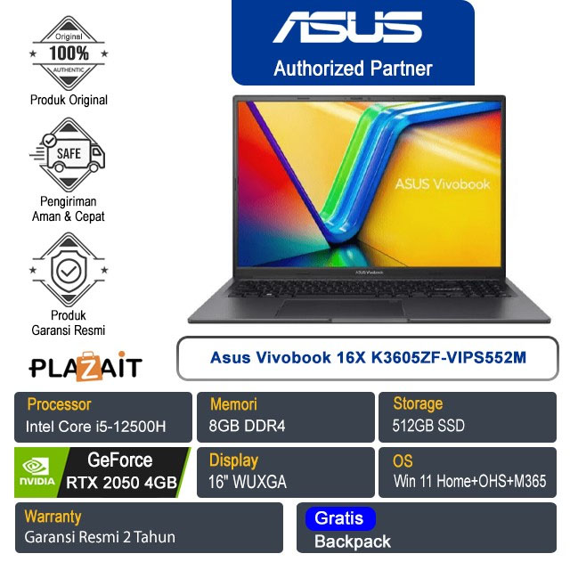 Asus Vivobook 16X K3605ZF-VIPS552M /Intel Core i5-12500H/8GB/512GB SSD/NVIDIA GeForce RTX 2050 4GB/16" WUXGA /Win 11 Home+OHS+M365/Cool Silver/2Y