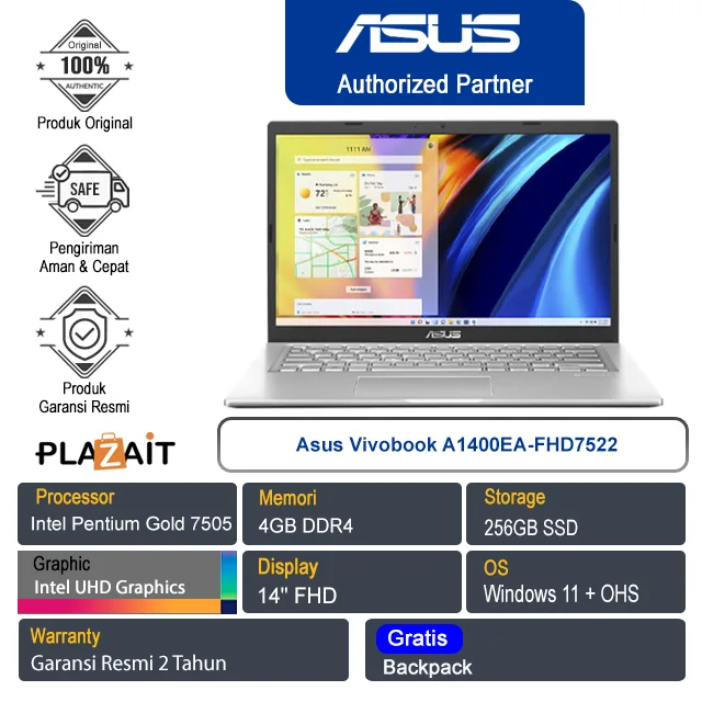 Asus Vivobook A1400EA-FHD7522 /Pentium Gold 7505/4GB/256GB SSD/Intel UHD Graphics/14″ FHD/Win 11+OHS 2021/Transparent Silver/2Y