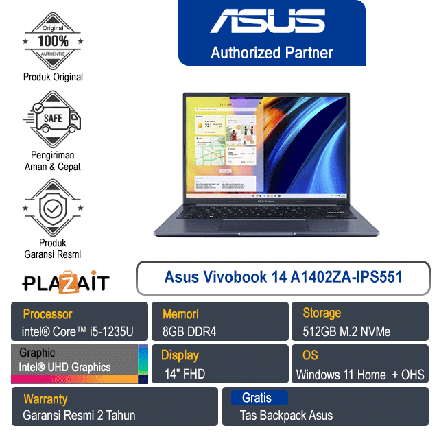 Asus Vivobook A1402ZA-IPS551 /Intel Core i5-1235U/8GB/512GB SSD/Intel UHD Graphics/14" FHD/Win 11 Home/Blue/2Y