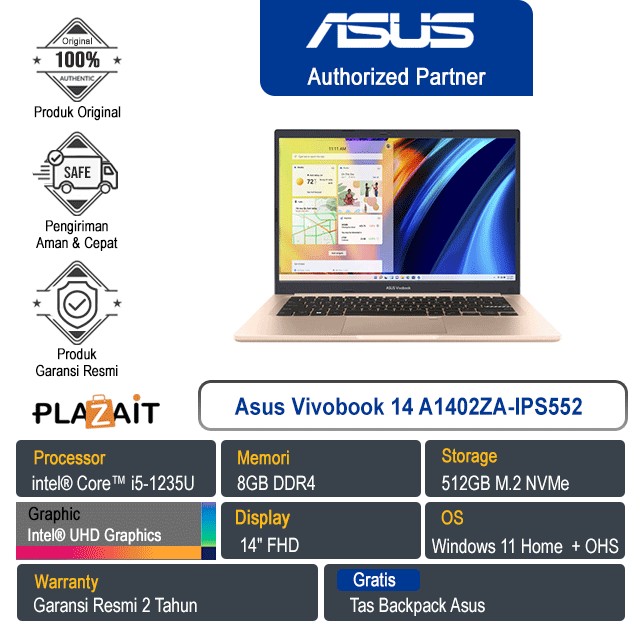 Asus Vivobook A1402ZA-IPS552 /Intel Core i5-1235U/8GB/512GB SSD/Intel UHD Graphics/14"FHD/Win 11 Home/Terra Cotta/2Y