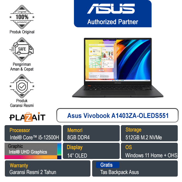 Asus Vivobook A1403ZA-OLEDS551 /Intel Core i5-12500H/8GB/512GB SSD/Intel UHD Graphics/14" OLED/Win 11+OHS/Quiet Blue/2Y