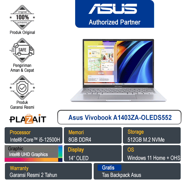 Asus Vivobook A1403ZA-OLEDS552 /Intel Core i5-12500H/8GB/512GB SSD/Intel UHD Graphics/14" OLED/ Win 11+OHS/Transparent Silver/2Y