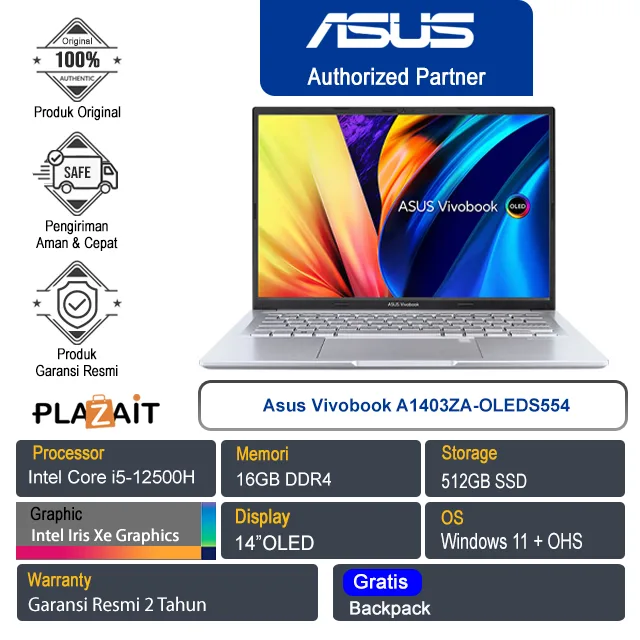 Asus Vivobook A1403ZA-OLEDS554/Intel Core i5-12500H/16GB/512GB SSD/Intel Iris Xe Graphics/14″ OLED/Win 11 Home+OHS/Transparent Silver/2Y