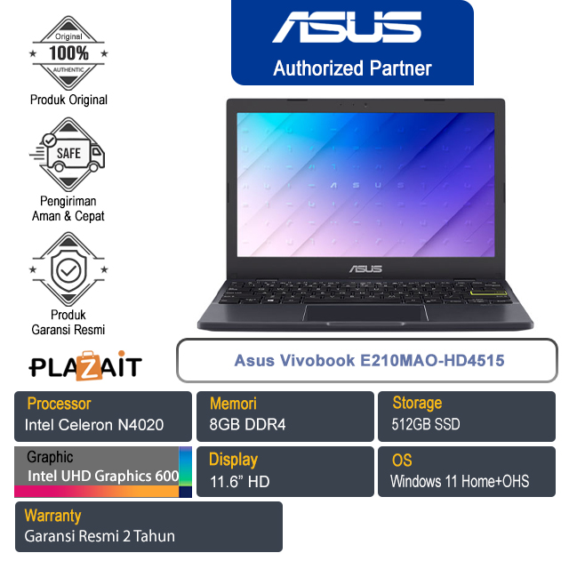 Asus Vivobook E210MAO-HD4515/Intel Celeron N4020/8GB/512GB/Intel UHD Graphics 600/11.6" HD/Win 11 Home+OHS/Peacock Blue/2Y