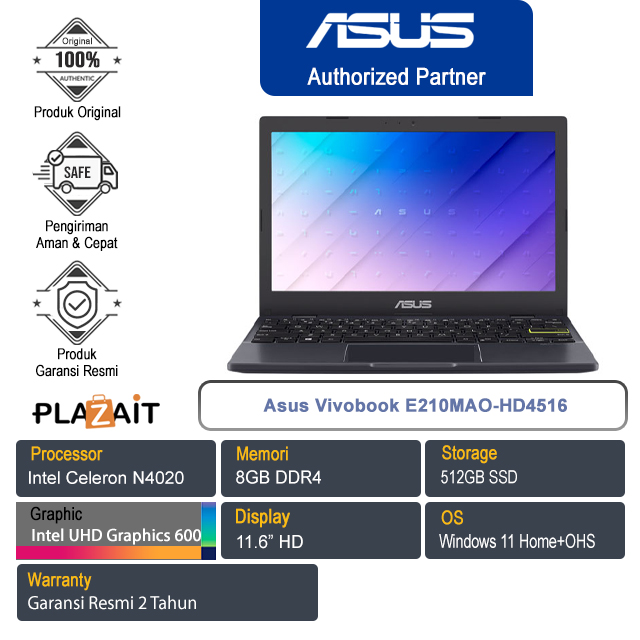 Asus Vivobook E210MAO-HD4516/Intel Celeron N4020/8GB/512GB/Intel UHD Graphics 600/11.6" HD/Win 11 Home+OHS/Star Black/2Y