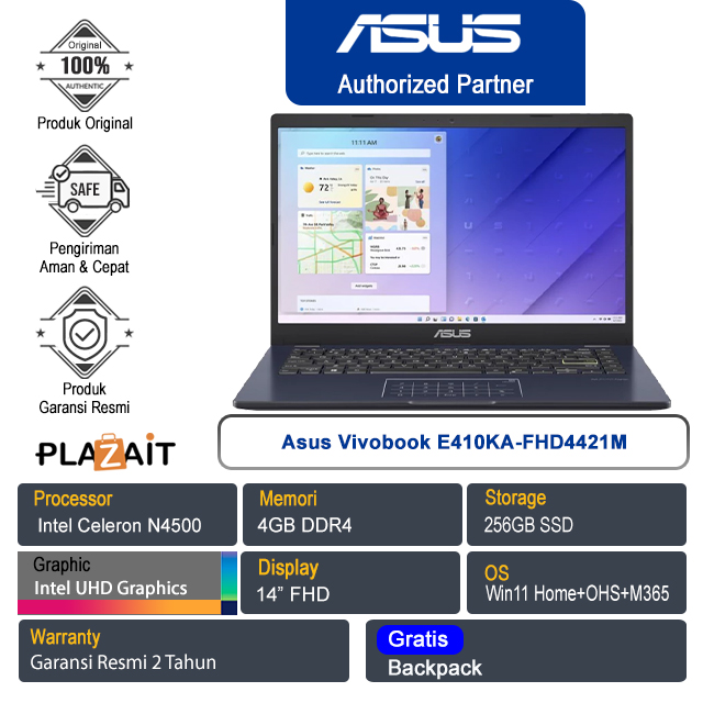 Asus Vivobook E410KA-FHD4421M /Intel Celeron N4500/4GB/256GB SSD/Intel UHD Graphics/14" FHD/Win 11 Home+OHS+M365/Star Black/2Y