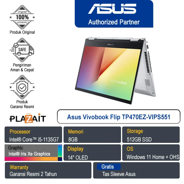Asus VivoBook Flip 14 TP470EZ-VIPS551 /Intel Core i5-1135G7/8GB/512GB SSD/Intel Iris Xe Graphics/14″ FHD/Win 11 Home + OHS/Indie Black/2Y