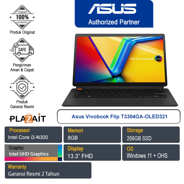 Asus Vivobook Flip T3304GA-OLED321/Intel Core i3-N300/8GB/256GB SSD/Intel UHD Graphics Xe 750/13.3”FHD/Windows 11 Home/Black/2Y