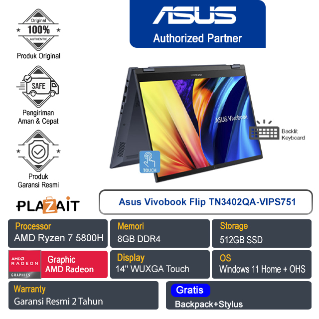 Asus Vivobook Flip TN3402QA-VIPS751/AMD Ryzen 7-5800H/8GB/512GB SSD/AMD Radeon Graphics/14"WUXGA TS/Win11 Home + OHS/Quite Blue/2Y