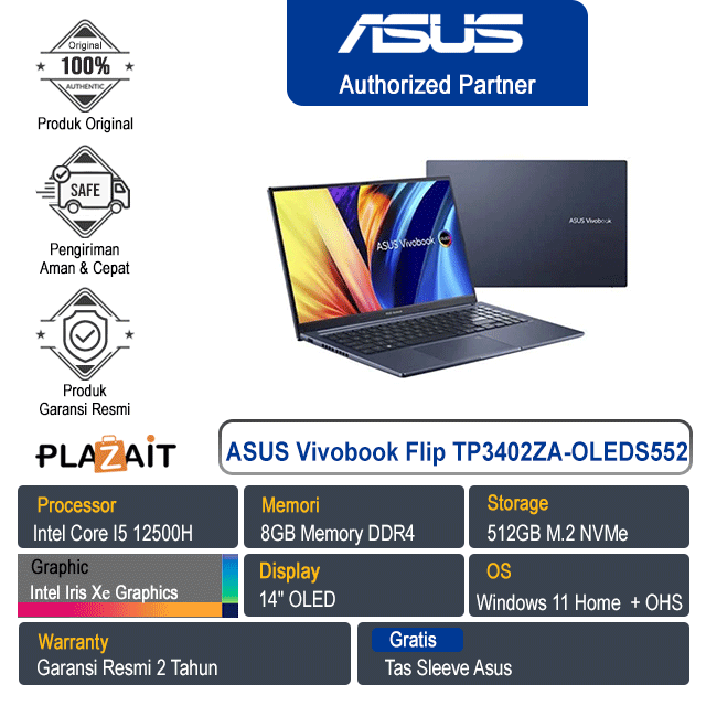 Asus Vivobook Flip TP3402ZA-OLEDS552 /Intel Core i5-12500H/8GB/512GB/Intel Iris Xe Graphics/14"OLED/Win11+OHS/Quiet Blue/2Y