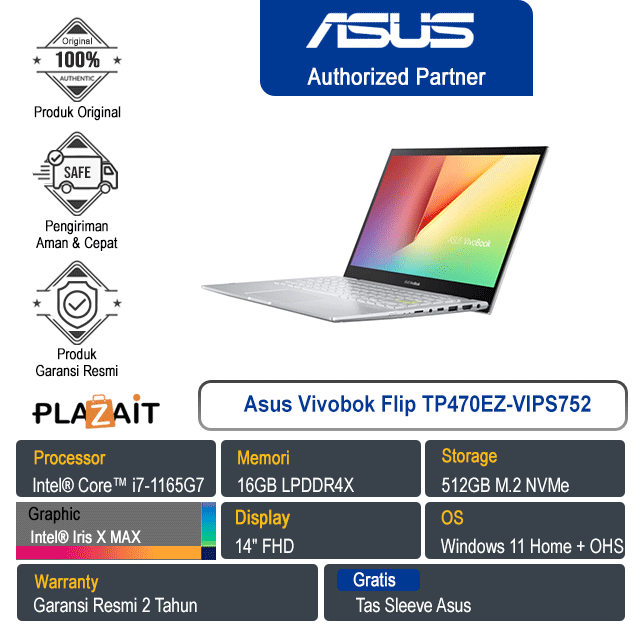 Asus Vivobook Flip TP470EZ-VIPS752/Intel Core i7-1165G7/16GB/512GB SSD/Intel Iris X MAX/NO ODD/14" FHD TS/Win11 Home + OHS/Transparent Silver/2Y