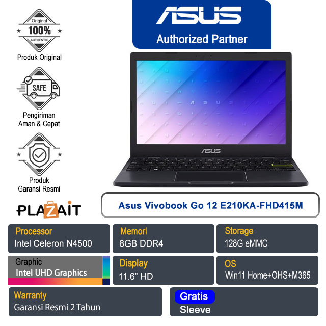 Asus Vivobook Go 12 E210KA-FHD415M /Intel Celeron N4500/8GB/128G eMMC/Intel UHD Graphics/11.6" HD/Win 11 Home+OHS+M365/Peacock Blue/2Y