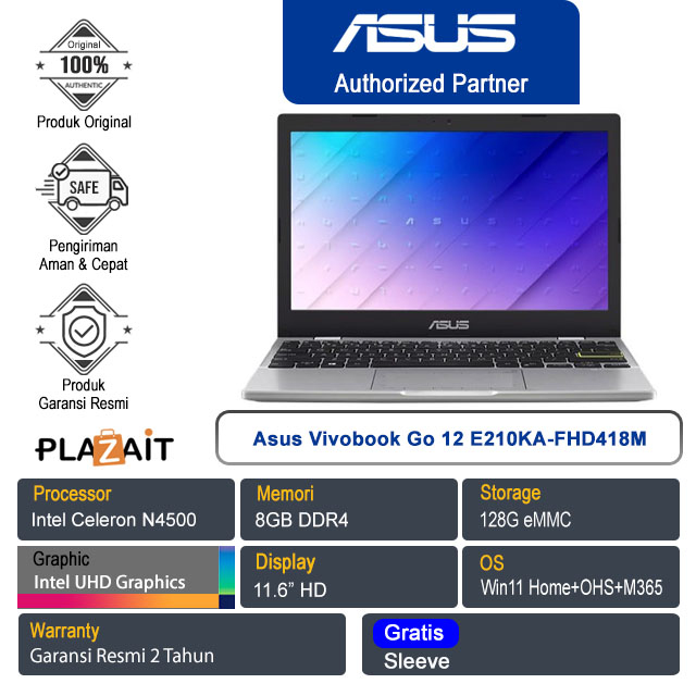 Asus Vivobook Go 12 E210KA-FHD418M /Intel Celeron N4500/8GB/128G eMMC/Intel UHD Graphics/11.6" HD/Win 11 Home+OHS+M365/Dreamy White/2Y