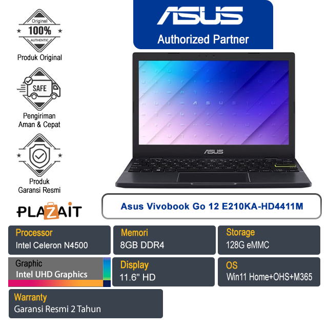 Asus Vivobook Go 12 E210KA-HD4411M /Intel Celeron N4500/8GB/128G eMMC/Intel UHD Graphics/11.6" HD/Win 11 Home+OHS+M365/Peacock Blue/2Y