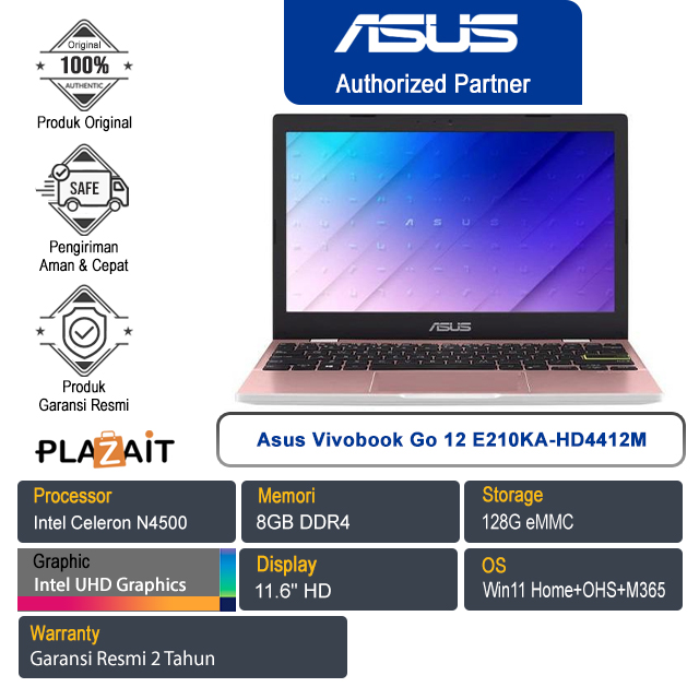 Asus Vivobook Go 12 E210KA-HD4412M /Intel Celeron N4500/8GB/128G eMMC/Intel UHD Graphics/11.6" HD/Win 11 Home+OHS+M365/Rose Pink/2Y