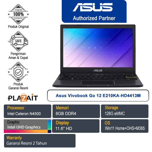 Asus Vivobook Go 12 E210KA-HD4413M /Intel Celeron N4500/8GB/128G eMMC/Intel UHD Graphics/11.6" HD/Win 11 Home+OHS+M365/Star Black/2Y