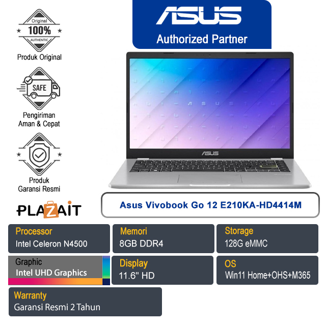 Asus Vivobook Go 12 E210KA-HD4414M /Intel Celeron N4500/8GB/128G eMMC/Intel UHD Graphics/11.6" HD/Win 11 Home+OHS+M365/Dreamy White/2Y