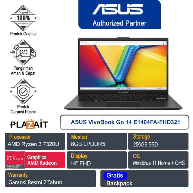 ASUS VivoBook Go 14 E1404FA-FHD321/AMD Ryzen 3-7320U/8GB/256GB SSD/AMD Radeon Graphics/14" FHD/Win 11 Home+OHS/Mixed Black/2Y