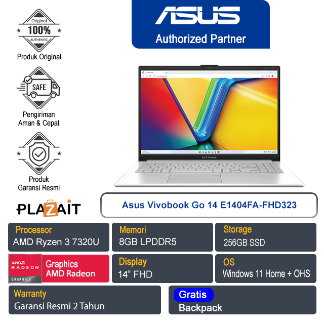 ASUS VivoBook Go 14 E1404FA-FHD323/AMD Ryzen 3-7320U/8GB/256GB SSD/AMD Radeon Graphics/14" FHD/Win 11 Home+OHS/Cool Silver/2Y