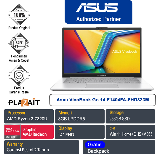 Asus VivoBook Go 14 E1404FA-FHD323M /AMD Ryzen 3-7320U/8GB/256GB SSD/AMD Radeon Graphics/14" FHD/Win 11 Home+OHS+M365/Cool Silver/2Y