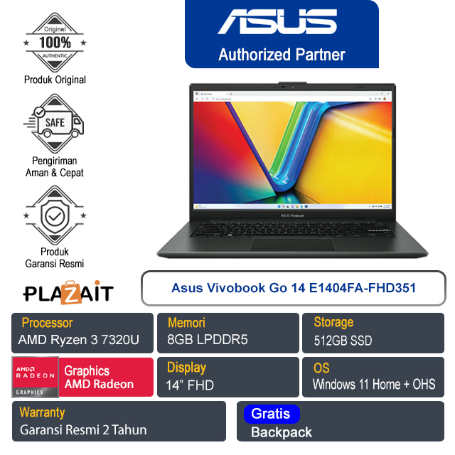 Asus Vivobook Go 14 E1404FA-FHD351/AMD Ryzen 3-7320U/8GB/512GB SSD/AMD Radeon Graphics/14″ FHD/Win 11 Home+OHS 2021/Mixed Black/2Y