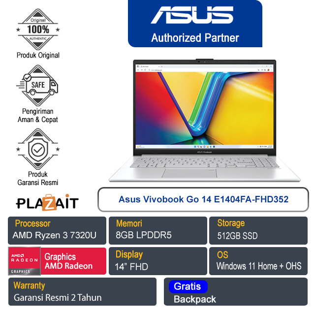 Asus Vivobook Go 14 E1404FA-FHD352/AMD Ryzen 3-7320U/8GB/512GB SSD/AMD Radeon Graphics/14″ FHD/Win 11 Home+OHS 2021/Cool Silver/2Y