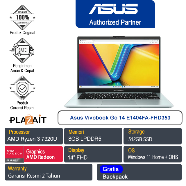 Asus Vivobook Go 14 E1404FA-FHD353/AMD Ryzen 3-7320U/8GB/512GB SSD/AMD Radeon Graphics/14″ FHD/Win 11 Home+OHS 2021/Green Grey/2Y