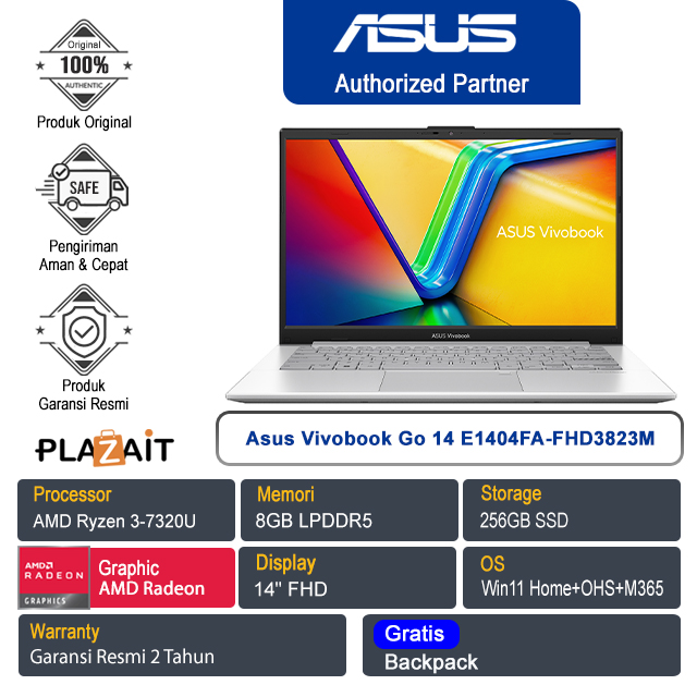 Asus Vivobook Go 14 E1404FA-FHD3823M /AMD Ryzen 3-7320U/8GB/256GB SSD/AMD Radeon Graphics/14" FHD/Win 11 Home+OHS+M365/Cool Silver/2Y