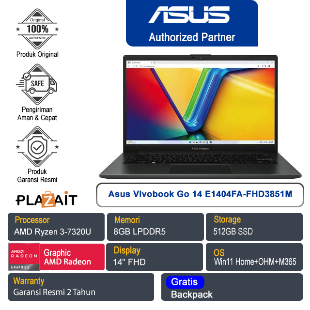 Asus Vivobook Go 14 E1404FA-FHD3851M /AMD Ryzen 3-7320U/8GB/512GB SSD/AMD Radeon Graphics/14" FHD/Win 11 Home+OHM+M365/Mixed Black/2Y