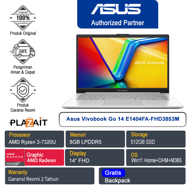 Asus Vivobook Go 14 E1404FA-FHD3853M /AMD Ryzen 3-7320U/8GB/512GB SSD/AMD Radeon Graphics/14" FHD/Win 11 Home+OHM+M365/Cool Silver/2Y