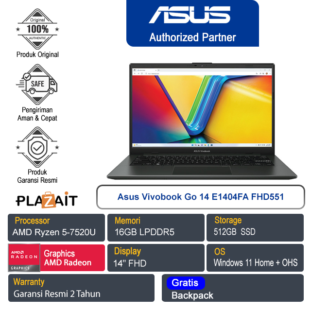Asus Vivobook Go 14 E1404FA FHD551/AMD Ryzen 5 7520U/16GB/512GB SSD/AMD Radeon Graphics/14" FHD/Win 11 Home+OHS/Mixed Black/2Y