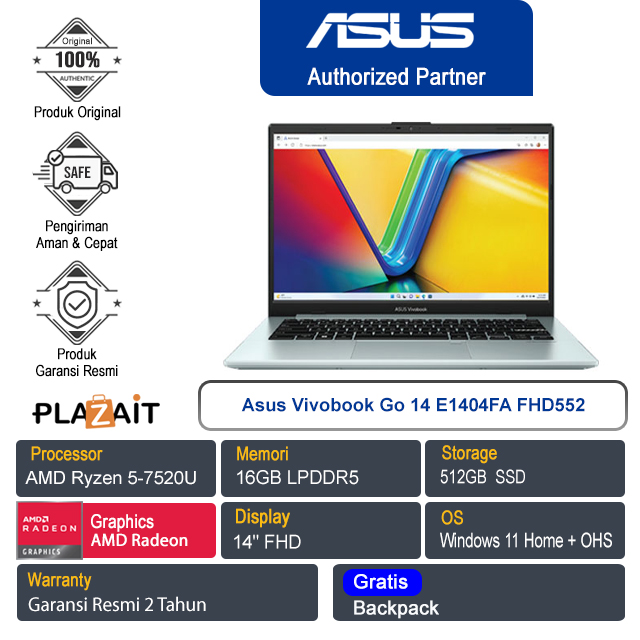 Asus Vivobook Go 14 E1404FA-FHD552/AMD Ryzen 5 7520U/16GB/512GB SSD/AMD Radeon Graphics/14" FHD/Win 11 Home+OHS/Green Grey/2Y