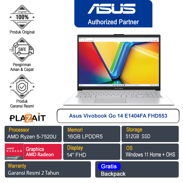 Asus Vivobook Go 14 E1404FA-FHD553/AMD Ryzen 5 7520U/16GB/512GB SSD/AMD Radeon Graphics/14" FHD/Win 11 Home+OHS/Cool Silver/2Y