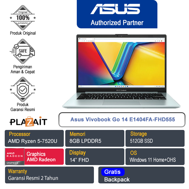 Asus Vivobook Go 14 E1404FA-FHD555/AMD/Ryzen 5-7520U/8GB/512GB SSD/AMD Radeon Graphics/14″ FHD/Win 11 Home+OHS 2021/Green Grey/2Y