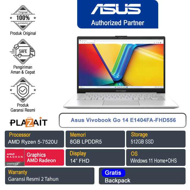 Asus Vivobook Go 14 E1404FA-FHD556/AMD/Ryzen 5-7520U/8GB/512GB SSD/AMD Radeon Graphics/14″ FHD/Win 11 Home+OHS 2021/Cool Silver/2Y