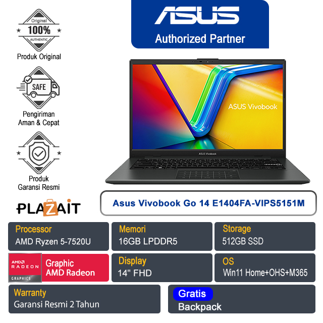 Asus Vivobook Go 14 E1404FA-VIPS5151M /AMD Ryzen 5-7520U/16GB/512GB SSD/AMD Radeon Graphics/14" FHD/Win 11 Home+OHS+M365/Mixed Black/2Y