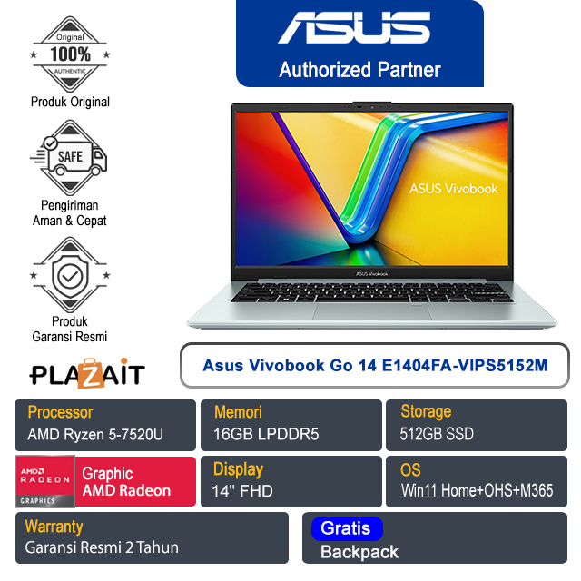 Asus Vivobook Go 14 E1404FA-VIPS5152M /AMD Ryzen 5-7520U/16GB/512GB SSD/AMD Radeon Graphics/14" FHD/Win 11 Home+OHS+M365/Green Grey/2Y