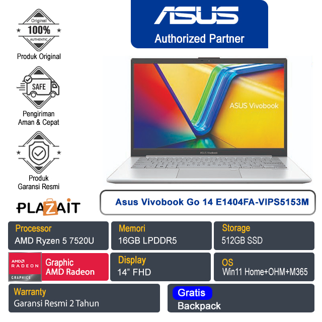 Asus Vivobook Go 14 E1404FA-VIPS5153M /AMD Ryzen 5-7520U/16GB/512GB SSD/AMD Radeon Graphics/14" FHD/Win 11 Home+OHS+M365/Cool Silver/2Y