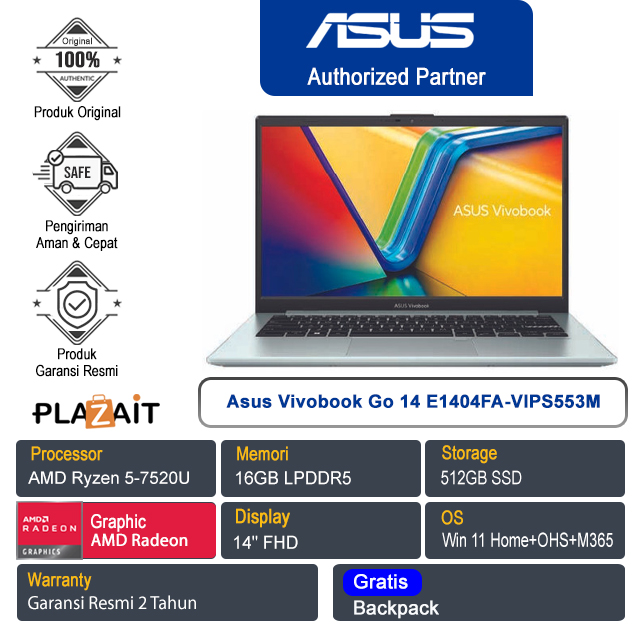 Asus Vivobook Go 14 E1404FA-VIPS553M /AMD Ryzen 5-7520U/16GB/512GB SSD/AMD Radeon Graphics/14″ FHD/Win 11 Home+OHS 2021+M365/Green Grey/2Y