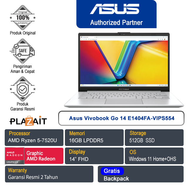 Asus Vivobook Go 14 E1404FA-VIPS554 /AMD Ryzen 5-7520U/16GB/512GB SSD/AMD Radeon Graphics/14″ FHD/Win 11 Home+OHS 2021/Cool Silver/2Y