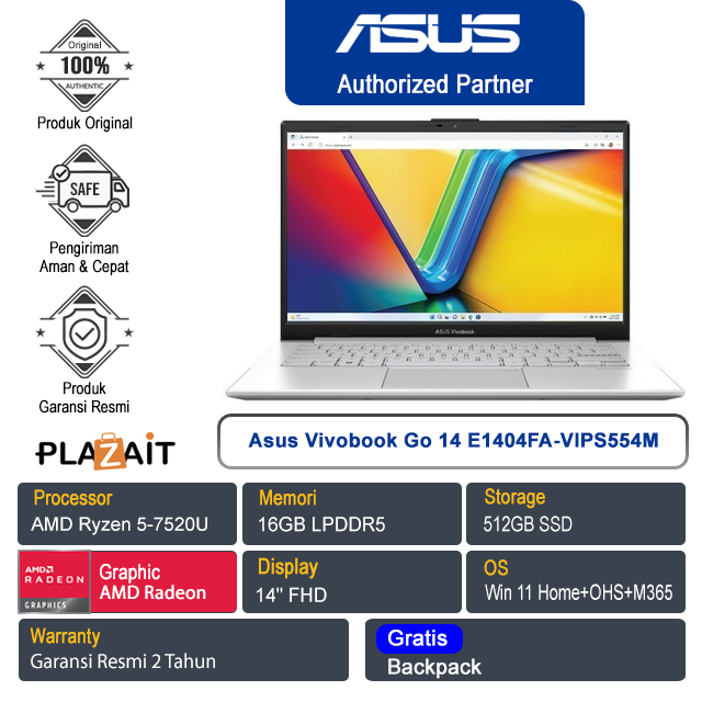 Asus Vivobook Go 14 E1404FA-VIPS554M /AMD Ryzen 5-7520U/16GB/512GB SSD/AMD Radeon Graphics/14″ FHD/Win 11 Home+OHS 2021+M365/Cool Silver/2Y