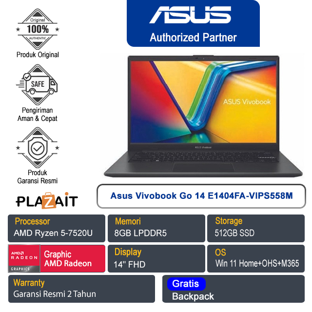 Asus Vivobook Go 14 E1404FA-VIPS558M /AMD Ryzen 5-7520U/8GB/512GB SSD/AMD Radeon Graphics/14″ FHD/Win 11 Home+OHS 2021+M365/Mixed Black/2Y