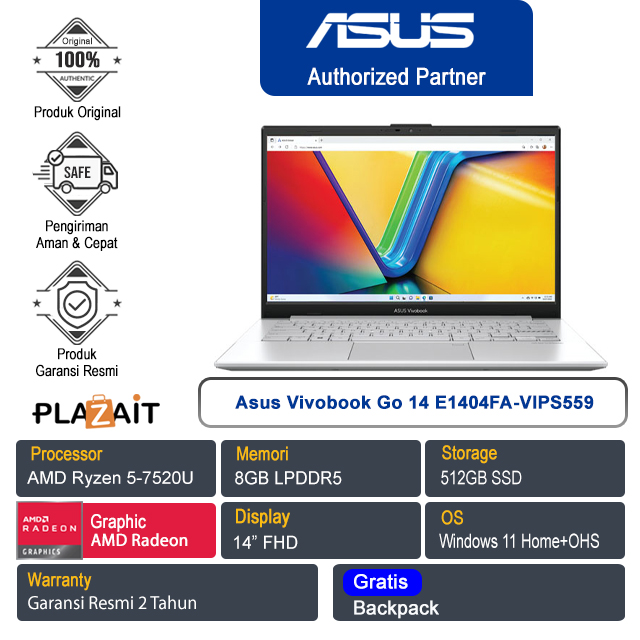Asus Vivobook Go 14 E1404FA-VIPS559 /AMD Ryzen 5-7520U/8GB /512GB SSD/AMD Radeon Graphics/14″ FHD/Win 11 Home+OHS 2021/Cool Silver/2Y