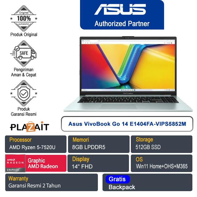 Asus VivoBook Go 14 E1404FA-VIPS5852M /AMD Ryzen 5-7520U/8GB/512GB SSD/AMD Radeon Graphics/14" FHD/Win 11 Home+OHS+M365/Green Grey/2Y