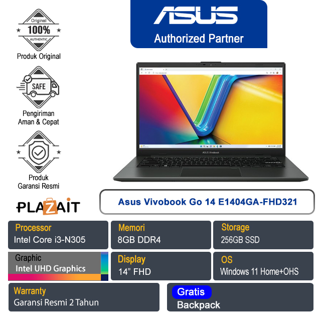 Asus Vivobook Go 14 E1404GA-FHD321 /Intel Core i3-N305/8GB/256GB SSD/Intel UHD Graphics/14″ FHD/Win 11 Home+OHS 2021/Mixed Black/2Y