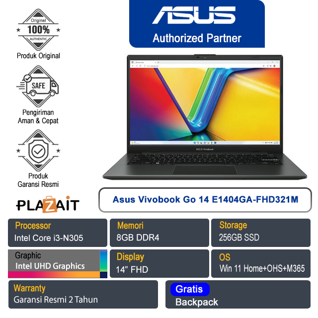 Asus Vivobook Go 14 E1404GA-FHD321M /Intel Core i3-N305/8GB/256GB SSD/Intel UHD Graphics/14″ FHD/Win 11 Home+OHS 2021+M365/Mixed Black/2Y
